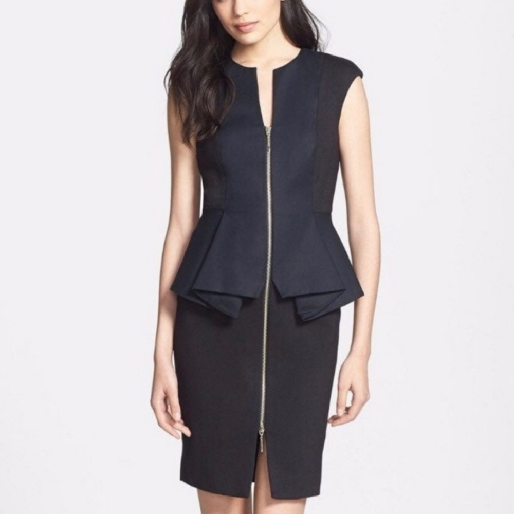 Ted Baker Kwyli Structured Peplum Bodycon Mini Dress‎ Black Sz 2 Zip Up